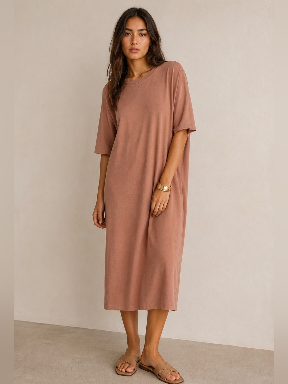Entire Studios Relaxed Short Sleeve Midi Drape Boxy T-Shirt Dress in Dusty Rose